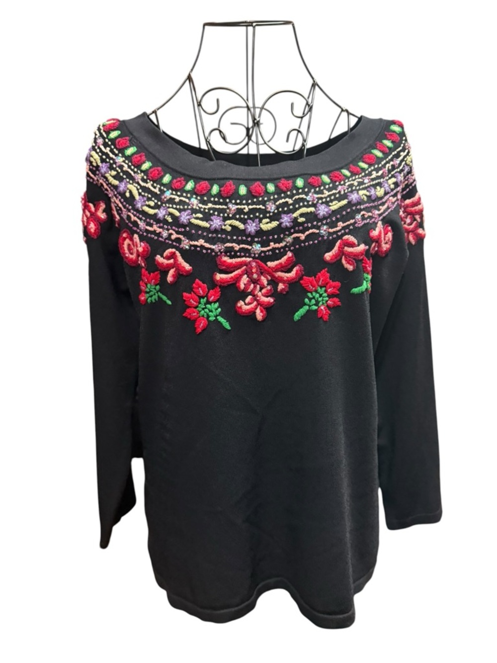Cabo Black Embroidered Scoop Neck Sweater with Red Floral Detail XL